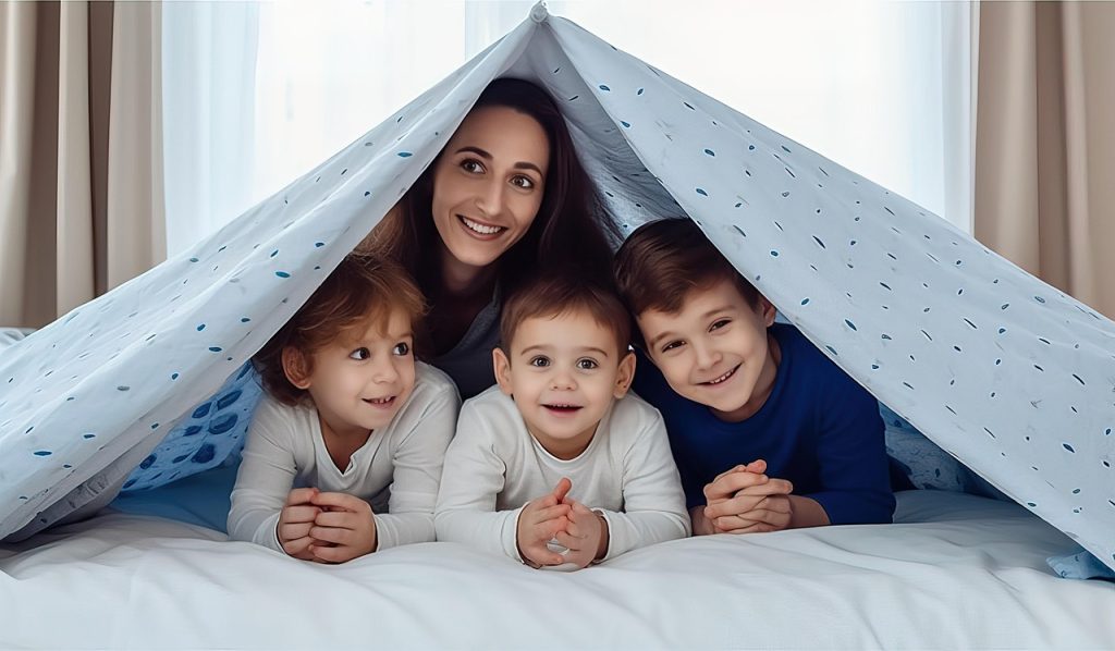 ai generated, family, tent, bed, sheet, bedroom, mom, children, love, fun, hiding place